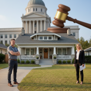 Two people stand apart on the lawn in front of a house, with a courthouse and judge’s gavel in the background, representing Partition Action.