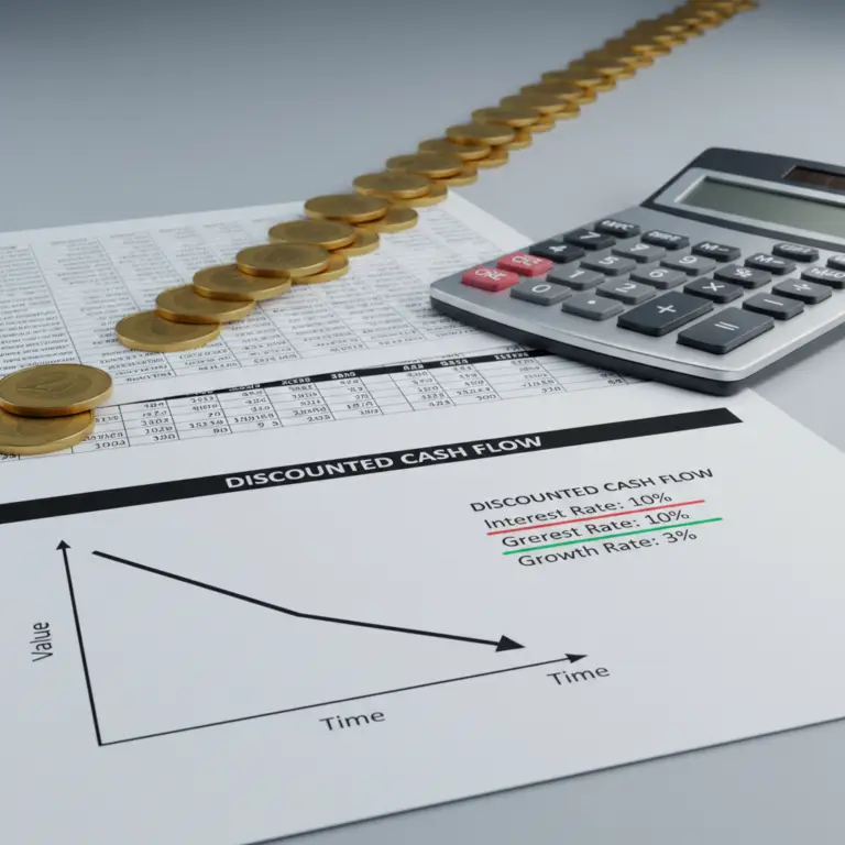 Calculator, stacked coins, and a discounted cash flow chart on financial documents illustrating Perpetuity Formula.