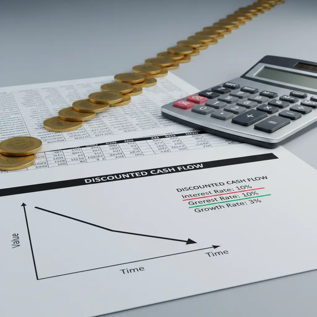 Calculator, stacked coins, and a discounted cash flow chart on financial documents illustrating Perpetuity Formula.