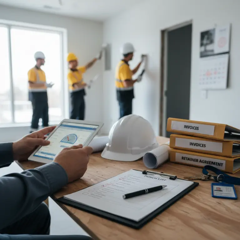Person holding a tablet at a desk with a hard hat, rolled plans, binders labeled invoices and retainer agreement, and a clipboard showing a Punch List while workers are on the wall in the background.