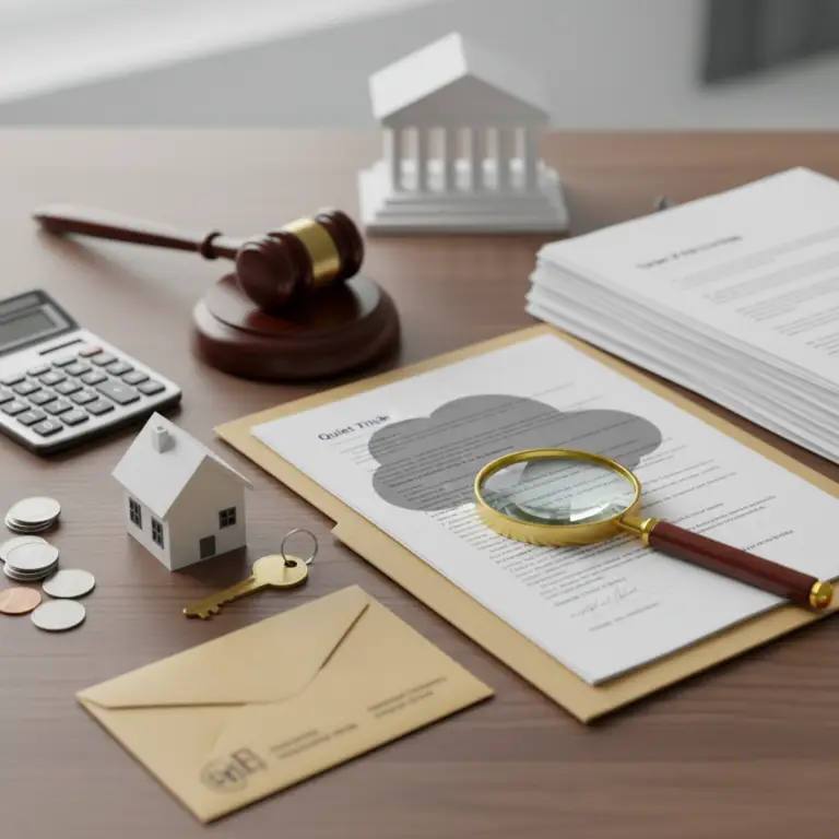 Quiet Title document on a desk with a magnifying glass, judge’s gavel, calculator, house model, keys, coins, and an envelope beside stacked paperwork.