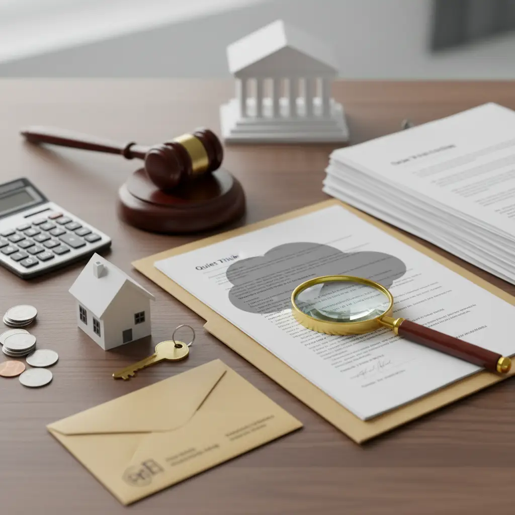 Quiet Title document on a desk with a magnifying glass, judge’s gavel, calculator, house model, keys, coins, and an envelope beside stacked paperwork.