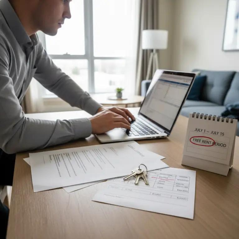 Person working on a laptop at a table with lease documents, keys, and a desk calendar showing a free rent period for Rent Abatement.