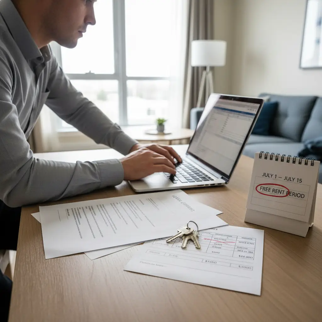 Person working on a laptop at a table with lease documents, keys, and a desk calendar showing a free rent period for Rent Abatement.