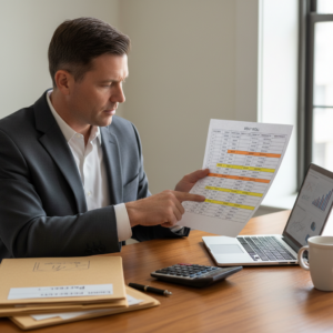 A man in a suit sits at a desk, reviewing a printed Rent Roll sheet beside a laptop, calculator, folders, and coffee mug.