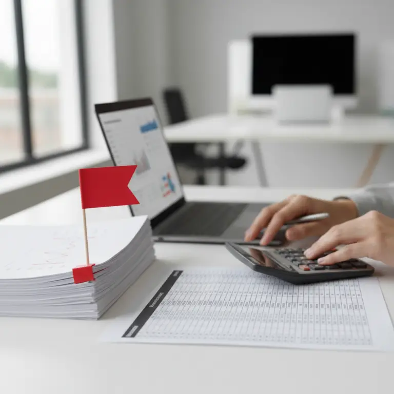 Hands using a calculator at a desk beside a laptop showing charts, with a stack of printed documents marked by a small red flag and a spreadsheet in the foreground, for a Retained Earnings Statement.