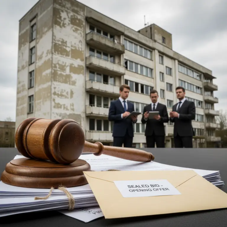 A wooden gavel and sealed offer envelope on legal documents in front of an aging apartment building, with three men in suits reviewing tablets during a Stalking Horse Bid.