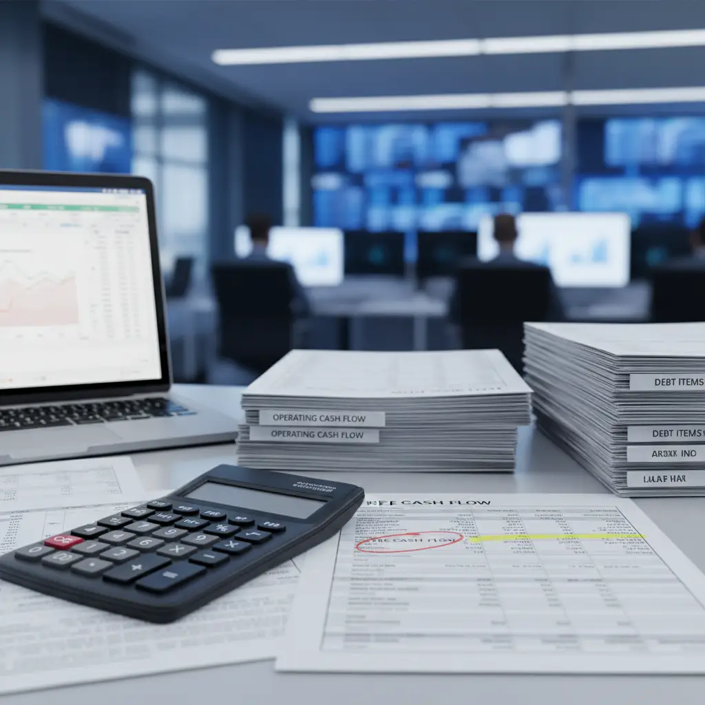 Desk with a laptop showing charts, a calculator, and stacks of financial documents in an office, with Unlevered Free Cash Flow visible on a printed report.