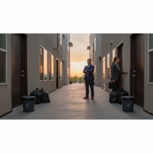 Two men stand in an apartment walkway at sunset with black trash bags and bins outside several doors, illustrating Valet Trash.
