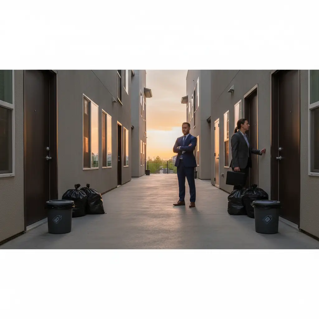 Two men stand in an apartment walkway at sunset with black trash bags and bins outside several doors, illustrating Valet Trash.
