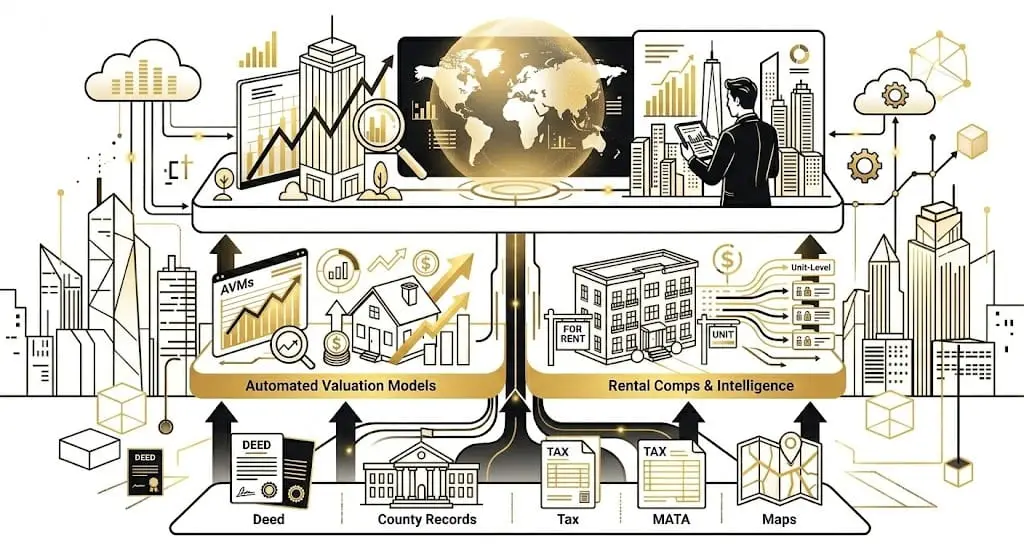 A modern digital illustration of a multi-tiered real estate data infrastructure. The bottom layer, labeled "FOUNDATIONAL DATA," shows icons for "Deeds," "County Records," "Tax Forms," and "Maps." Arrows connect this to a middle layer split into "AVMs" (Automated Valuation Models) and "Rental Comps & Intelligence," featuring a 'FOR RENT' sign. The top tier is labeled "REAL ESTATE MARKET ANALYTICS, DEAL SOURCING AND PORTFOLIO MANAGEMENT," depicting a businessman looking at a city skyline with magnifying glasses and a world map, symbolizing global data integration. The entire image is bathed in glowing blue and teal light against a futuristic city background.