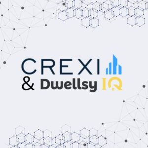 A partnership graphic featuring the logos of Crexi and Dwellsy IQ on a light gray background with abstract network and molecular-style patterns. The design visually represents data connectivity and analytics, highlighting the collaboration between the two companies to improve multifamily rental intelligence and underwriting insights.
