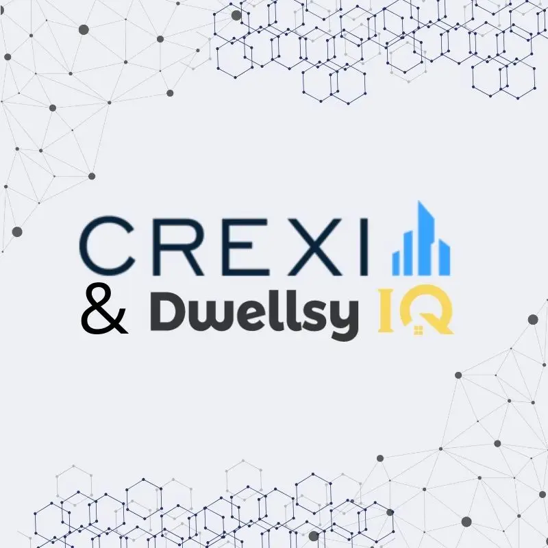 A partnership graphic featuring the logos of Crexi and Dwellsy IQ on a light gray background with abstract network and molecular-style patterns. The design visually represents data connectivity and analytics, highlighting the collaboration between the two companies to improve multifamily rental intelligence and underwriting insights.