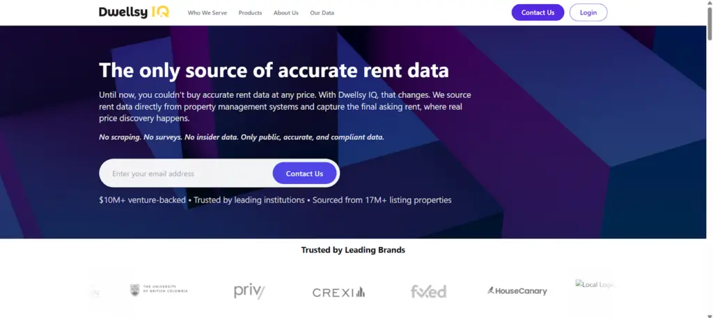A dark purple and blue geometric background with bold white text that reads, "The only source of accurate rent data." It includes a search bar for email addresses and a "Contact Us" button. At the bottom, a "Trusted by Leading Brands" section displays logos including Crexi, HouseCanary, and the University of British Columbia.