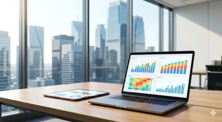 A laptop computer displays a digital dashboard with multiple growth charts and market analytics as one of the Best Alternatives to LoopNet (2026).