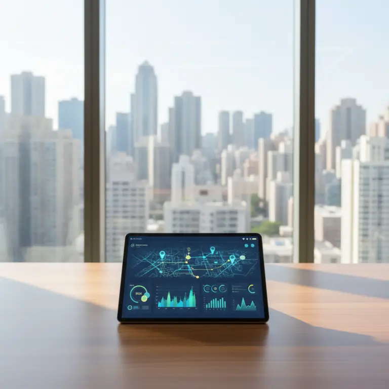 Tablet on a wooden desk showing data dashboards, with a city skyline through large windows in the background.