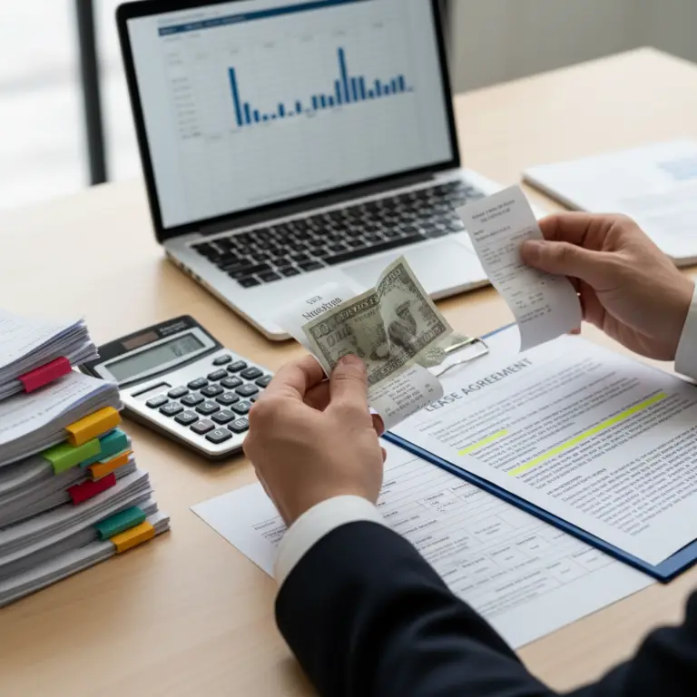 A person in a business suit reviews a lease agreement and receipts while performing a CAM Reconciliation at a desk.