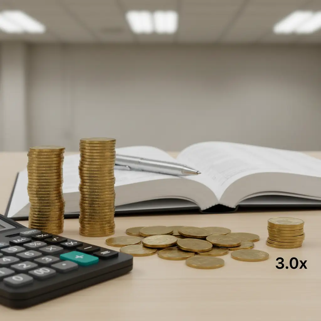 A calculator and stacks of coins on a desk representing the Cash Coverage Ratio.