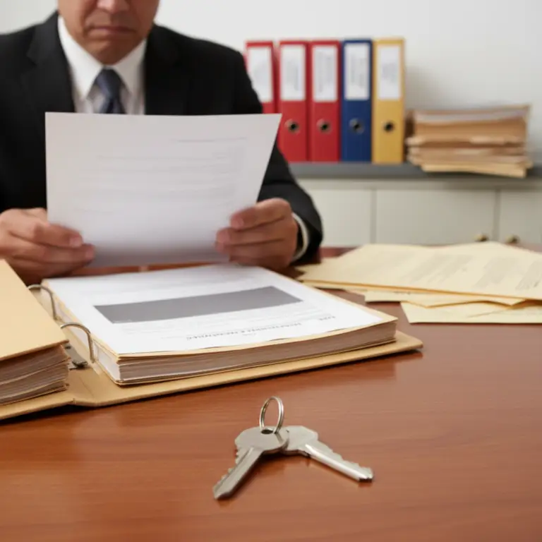 A man in a suit reviews documents at a desk with folders, paperwork, and a set of keys in the foreground, representing Chain of Title.