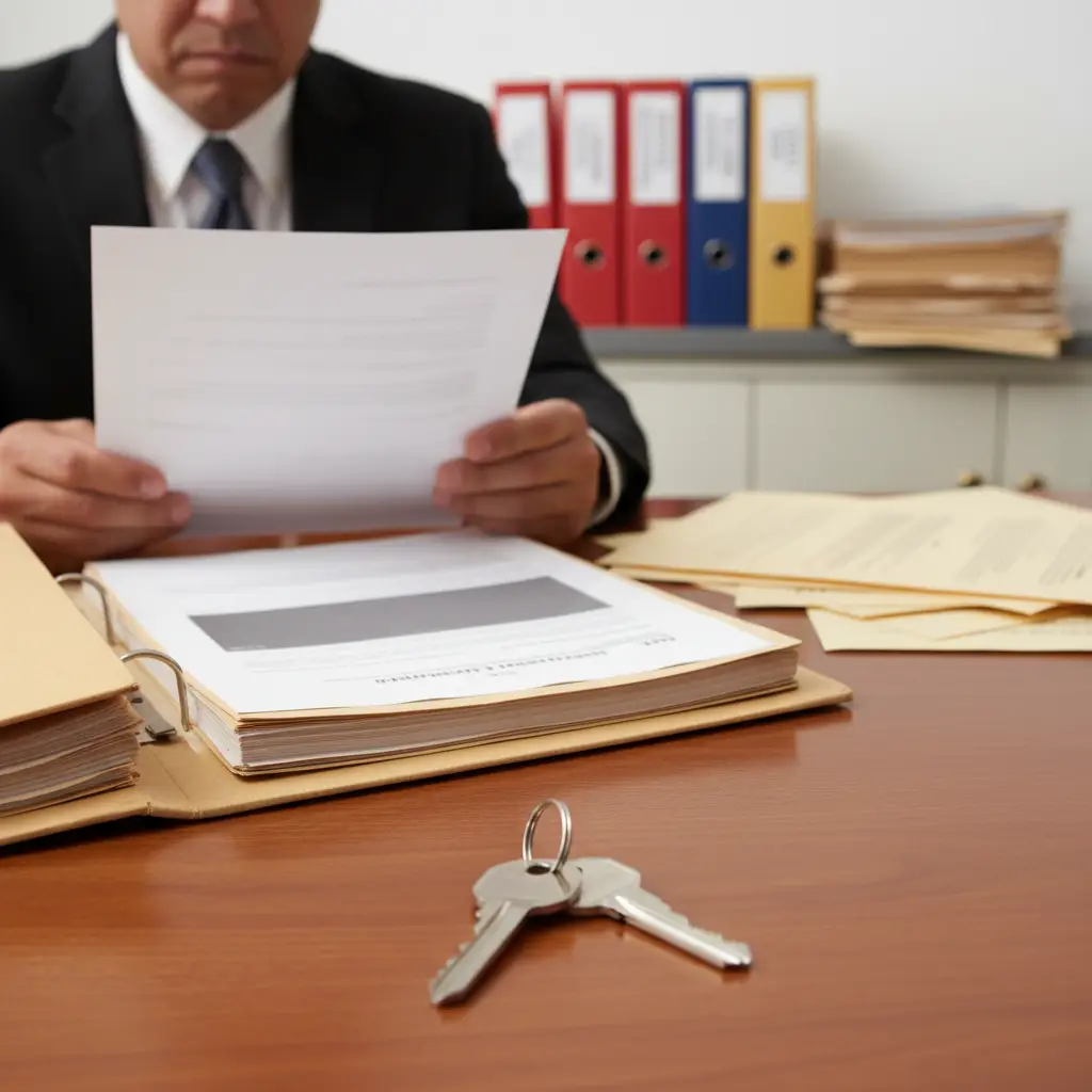 A man in a suit reviews documents at a desk with folders, paperwork, and a set of keys in the foreground, representing Chain of Title.
