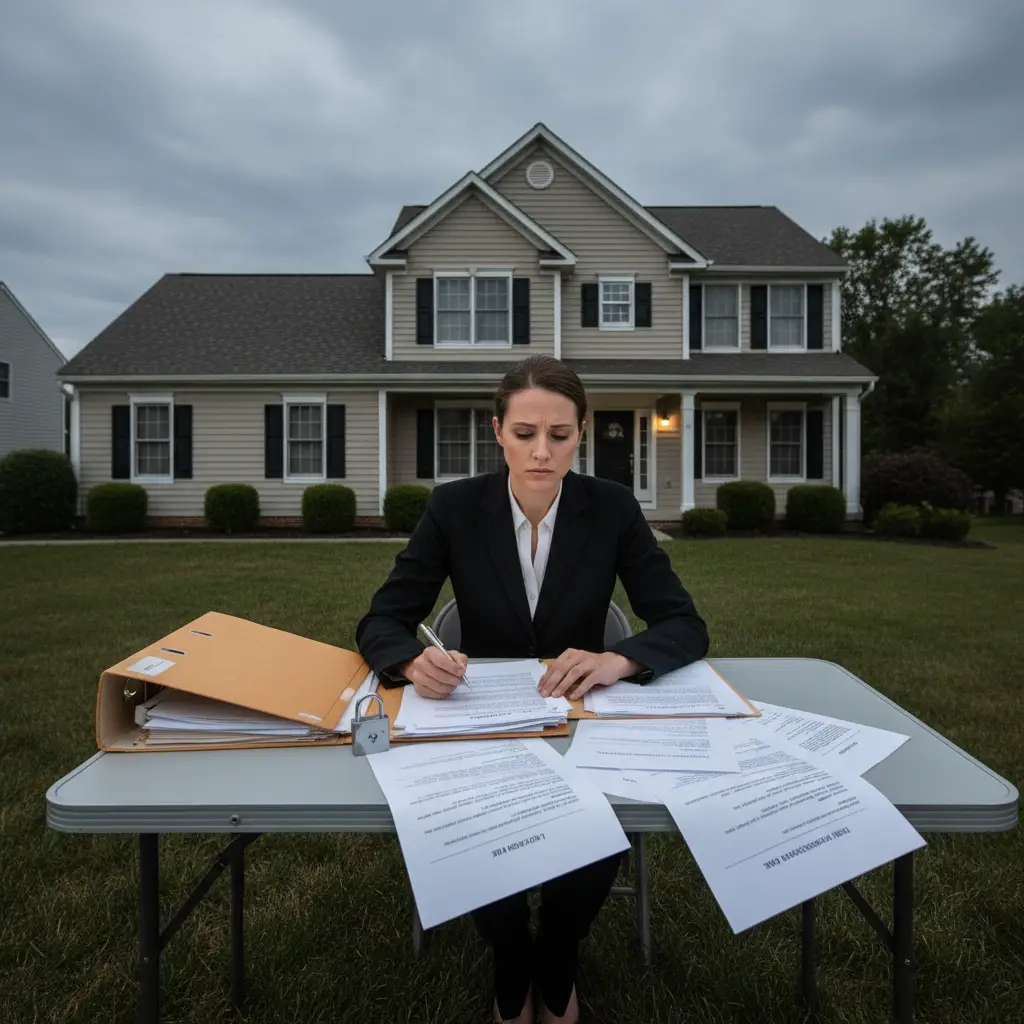 A woman in a professional suit sits at a desk outside a house reviewing documents related to a Cloud on Title.