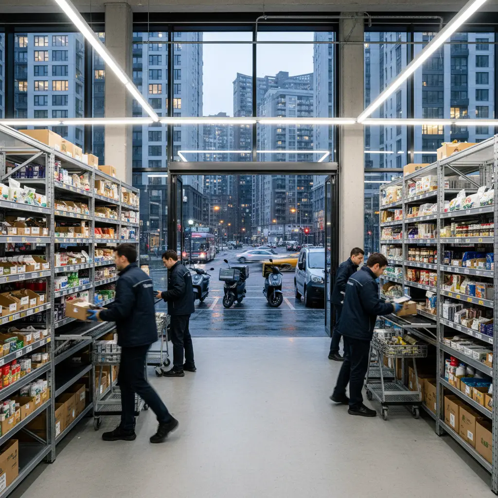 Workers in blue uniforms fulfill customer orders from metal shelves inside a Dark Store with large glass windows overlooking a city street.
