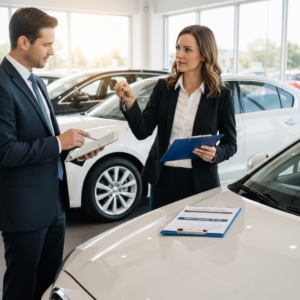 A man and woman in business attire stand in a car dealership showroom beside several white cars, with the woman handing over a key and holding a clipboard during a Disposition Fee interaction.