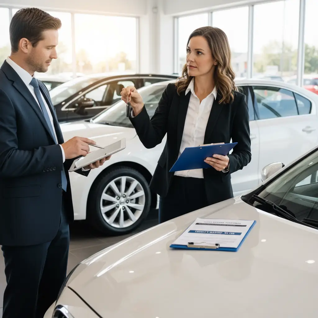A man and woman in business attire stand in a car dealership showroom beside several white cars, with the woman handing over a key and holding a clipboard during a Disposition Fee interaction.