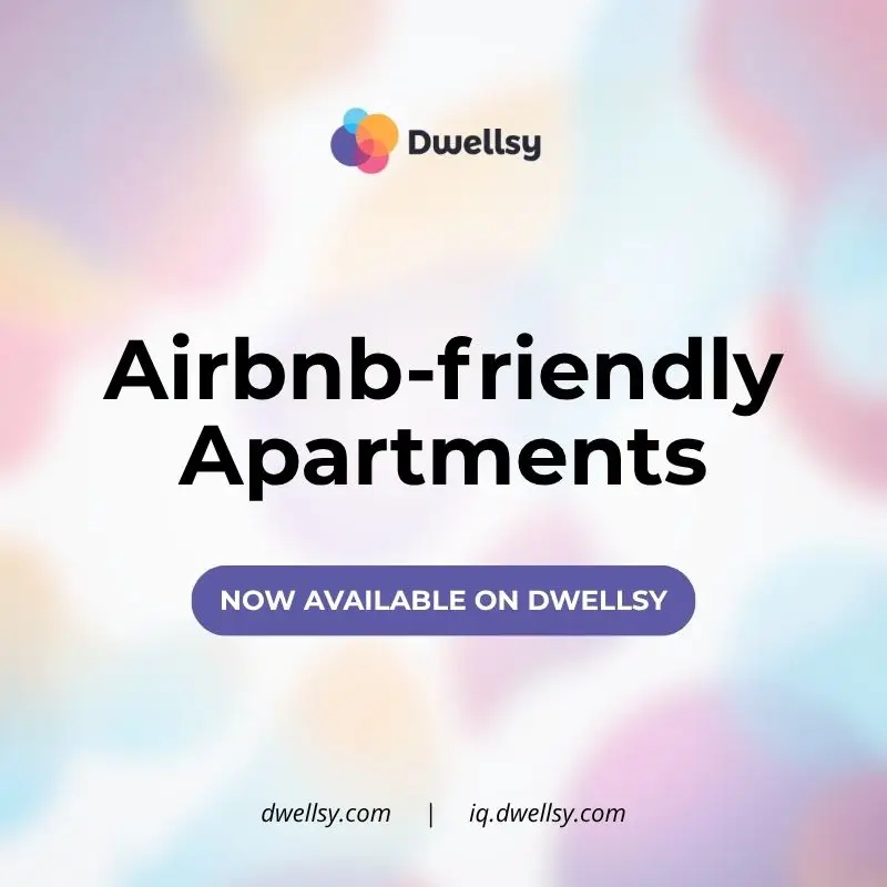 A design with the Dwellsy and a text reading "Airbnb-friendly Apartments Now Available on Dwellsy" over a colorful abstract background.