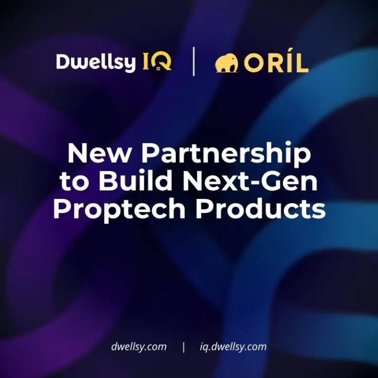 Digital graphic announcing a partnership between Dwellsy IQ and ORIL to build next-gen proptech products. The background features dark blue and purple abstract curves with the company logos at the top and website URLs at the bottom.