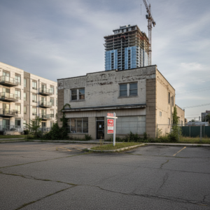 A small, weathered brick building for sale is situated in front of a massive skyscraper under construction, highlighting Economic Obsolescence.