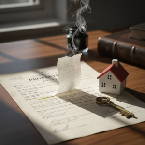 Fee Simple Determinable illustrated with a property deed on a wooden desk, a small model house, a brass key, and smoke rising from a burned section of paper.