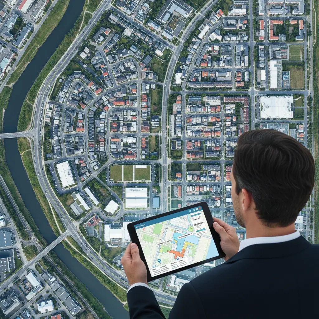 Geospatial Analysis shown on a tablet held by a man over an aerial view of a city with roads, buildings, and a river.