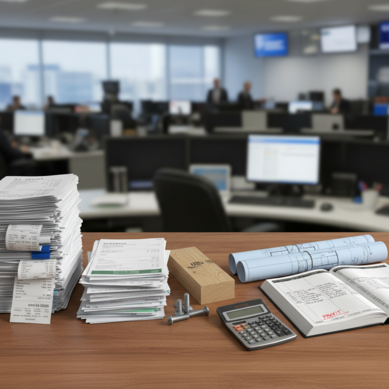 A desk with a calculator, architectural blueprints, and stacks of financial documents representing Hard Costs vs Soft Costs.