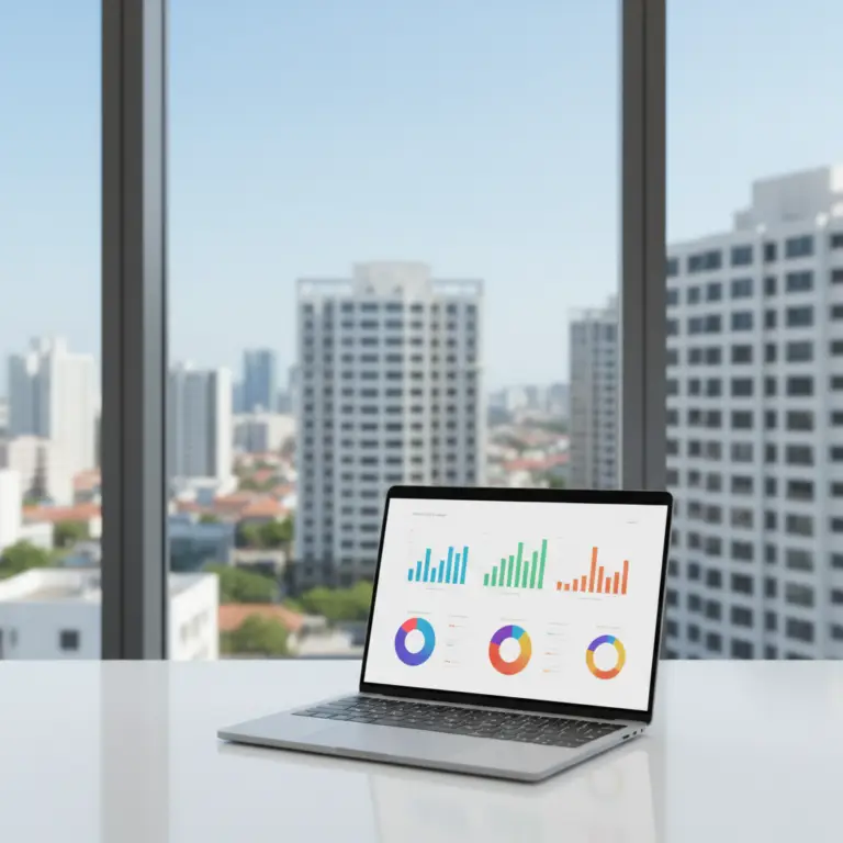 A laptop on a white desk shows colorful charts and graphs with a blurred city skyline visible through large windows in the background. This image features HelloData in a bright office setting.