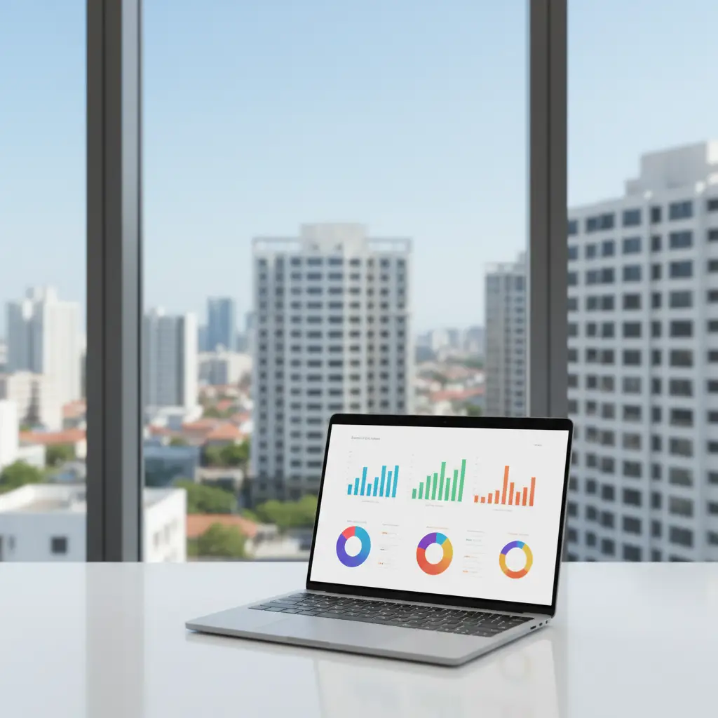 A laptop on a white desk shows colorful charts and graphs with a blurred city skyline visible through large windows in the background. This image features HelloData in a bright office setting.