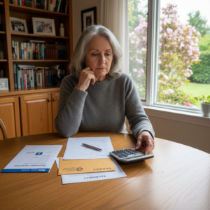 Woman sitting at a wooden table reviewing paperwork and using a calculator for a Home Equity Conversion Mortgage.