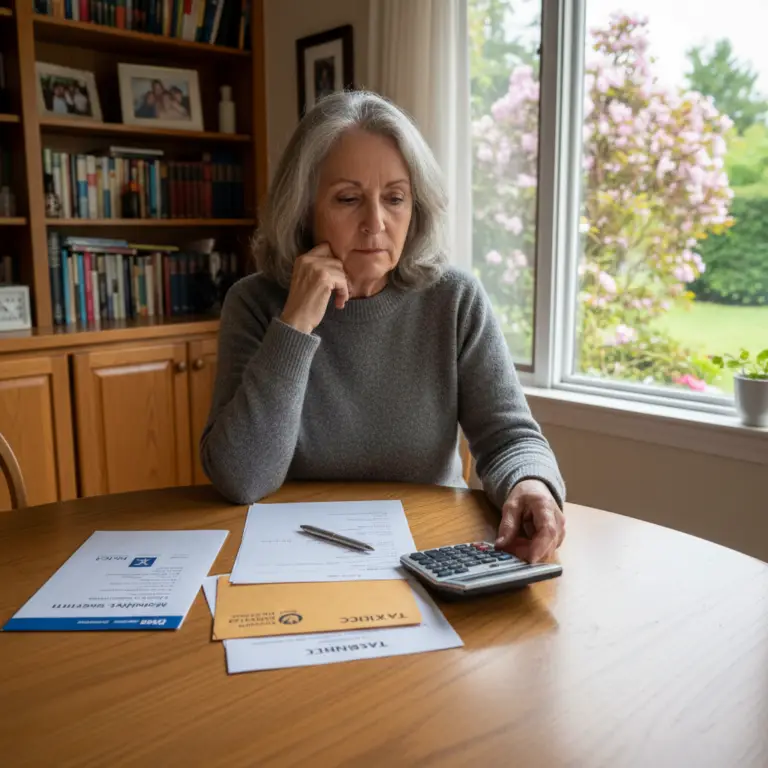 Woman sitting at a wooden table reviewing paperwork and using a calculator for a Home Equity Conversion Mortgage.
