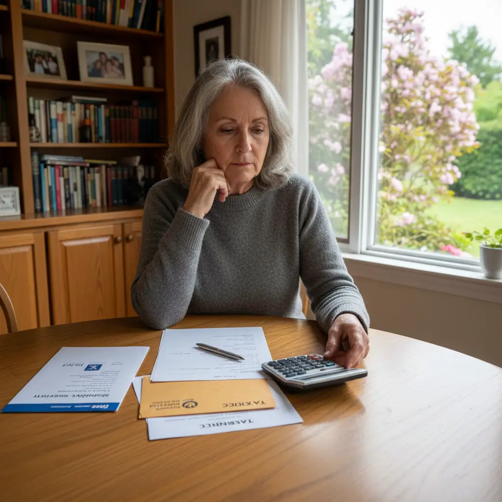 Woman sitting at a wooden table reviewing paperwork and using a calculator for a Home Equity Conversion Mortgage.