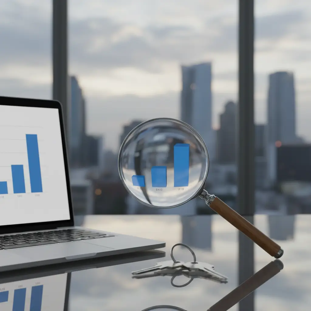 Laptop displaying a bar chart beside a magnifying glass enlarging another chart on a desk, illustrating How to Choose a Rental Data Provider.