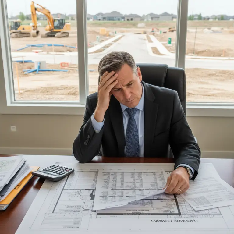A businessman reviewing site plans at a desk with a construction site visible through the window, illustrating Impact Fees.