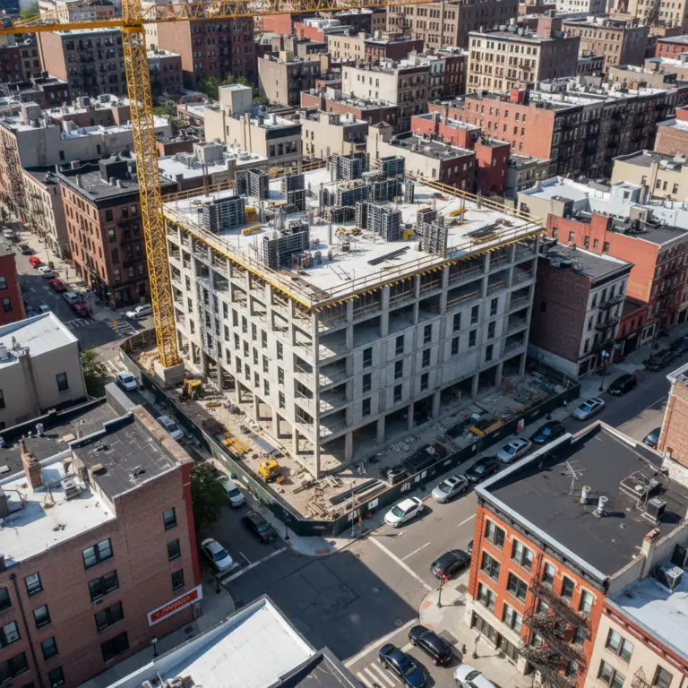 Aerial view of Infill Development showing a mid-rise concrete building under construction on a city block, surrounded by existing apartment buildings, streets, and parked cars.