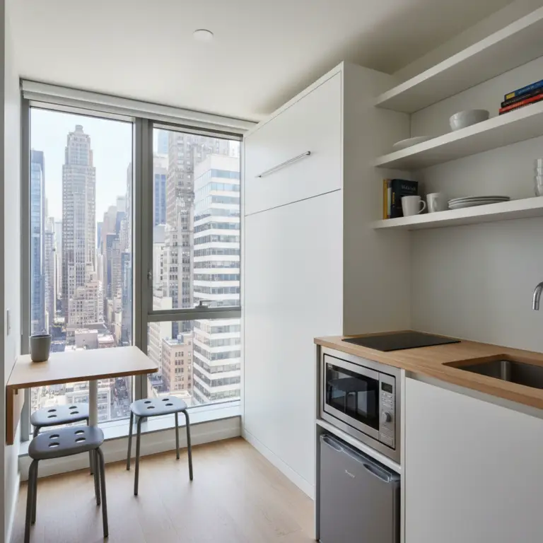 Compact apartment kitchen and dining area with floor-to-ceiling windows, stools, open shelves, and a skyline view, representing Micro Units.