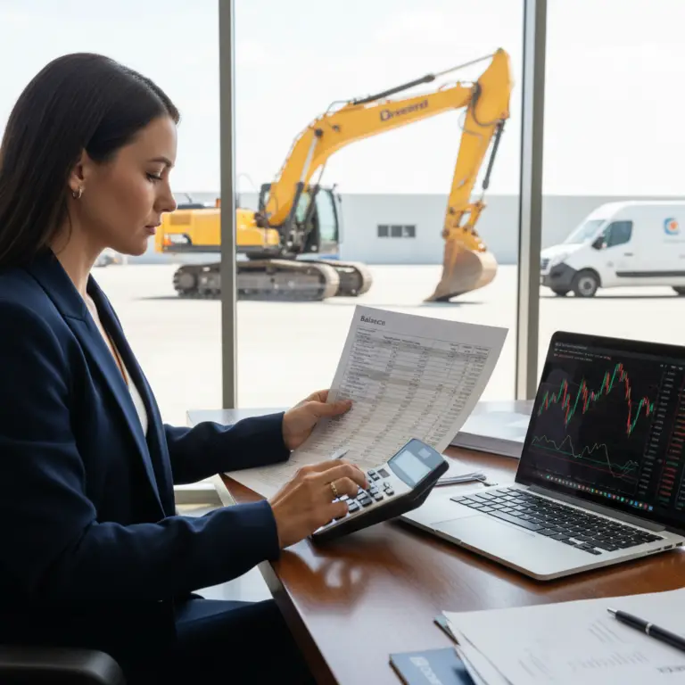 A woman in an office reviews a balance sheet with a calculator beside a laptop showing charts, while an excavator is visible outside the window, illustrating Net Book Value.