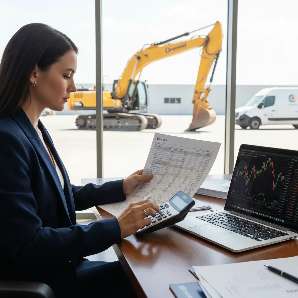 A woman in an office reviews a balance sheet with a calculator beside a laptop showing charts, while an excavator is visible outside the window, illustrating Net Book Value.
