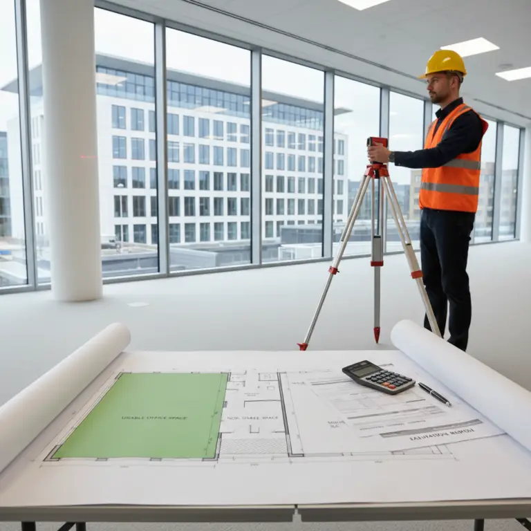 Surveyor in a hard hat and safety vest uses a tripod-mounted laser measuring tool in a bright office, with floor plans, a calculator, and papers on a table showing Net Lettable Area.