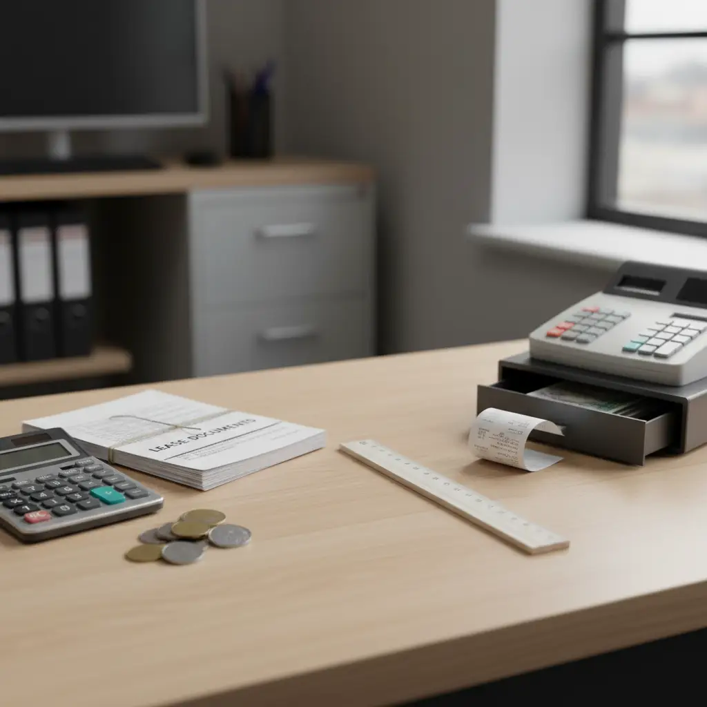 A cash register, calculator, and lease documents are positioned on a desk to represent a Percentage Lease.