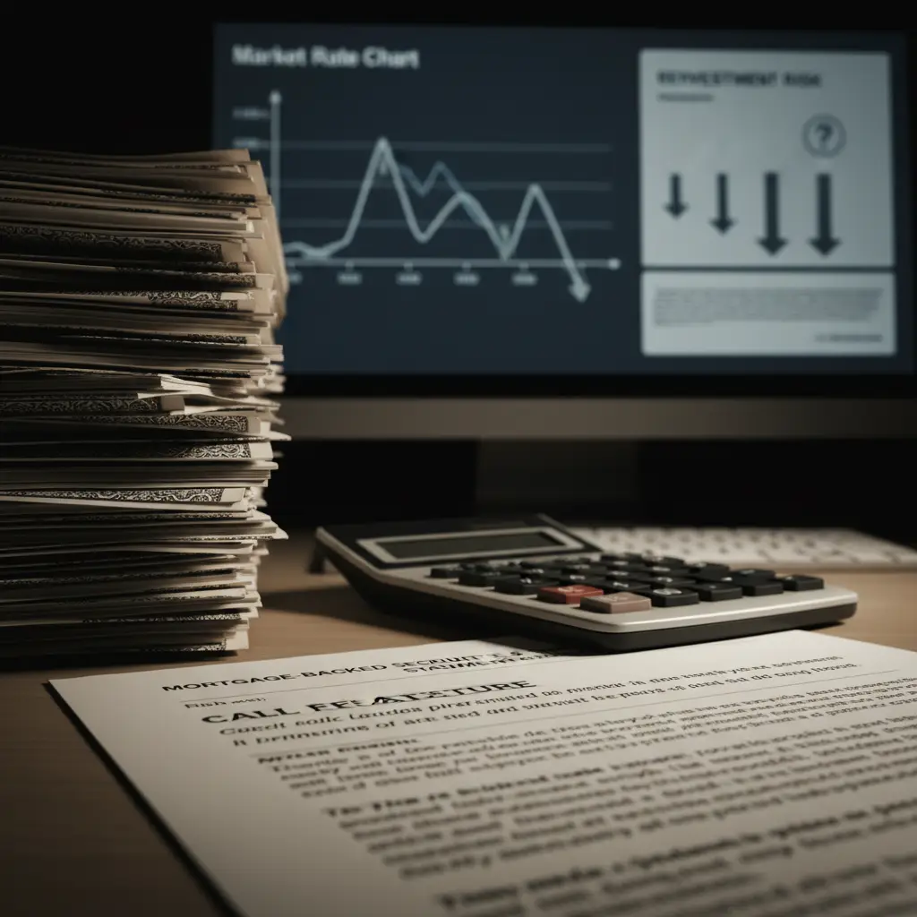 A computer monitor displays a market chart and downward arrows related to Reinvestment Risk next to a calculator and a stack of money.