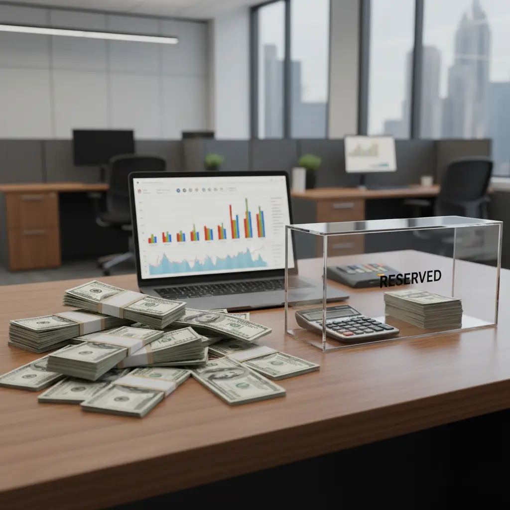 Reserve Requirements shown with stacks of cash on a desk, a laptop displaying charts, a calculator, and a clear box labeled RESERVED in an office.