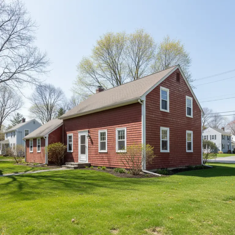 Saltbox Home exterior with red shingle siding, white-trimmed windows, a sloped roof, and a large green front lawn on a sunny day.